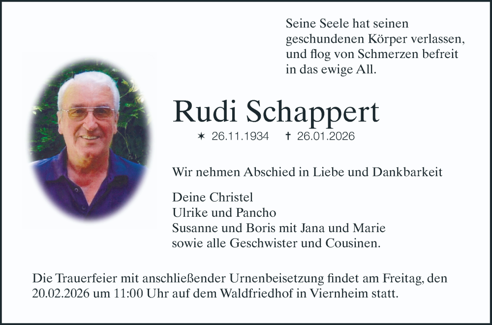  Traueranzeige für Rudi Schappert vom 14.02.2026 aus Mannheimer Morgen