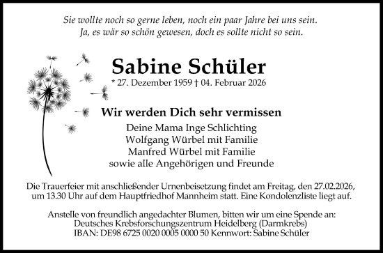 Traueranzeige von Sabine Schüler von Mannheimer Morgen
