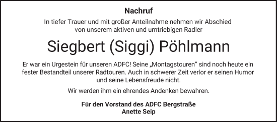 Traueranzeige von Siegbert Pöhlmann von Bergsträßer Anzeiger