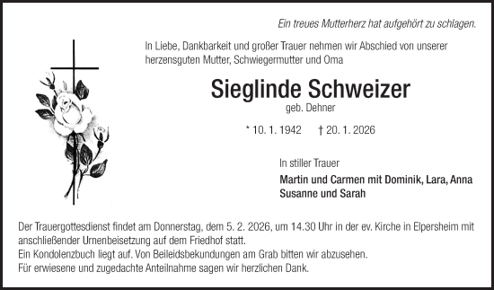 Traueranzeige von Sieglinde Schweizer von Fränkische Nachrichten