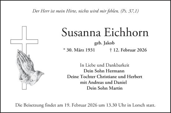 Traueranzeige von Susanna Eichhorn von Bergsträßer Anzeiger