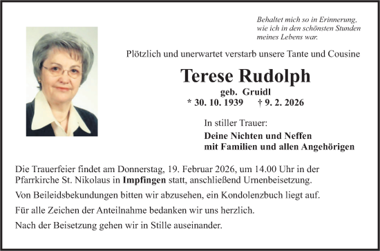Traueranzeige von Terese Rudolph von Fränkische Nachrichten