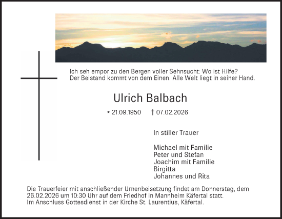 Traueranzeige von Ulrich Balbach von Mannheimer Morgen