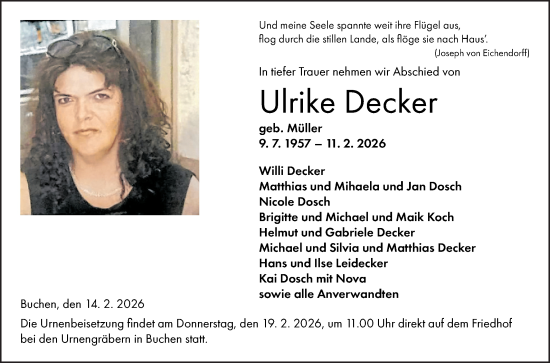 Traueranzeige von Ulrike Decker von Fränkische Nachrichten