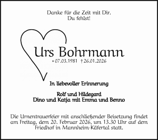 Traueranzeige von Urs Bohrmann von Mannheimer Morgen