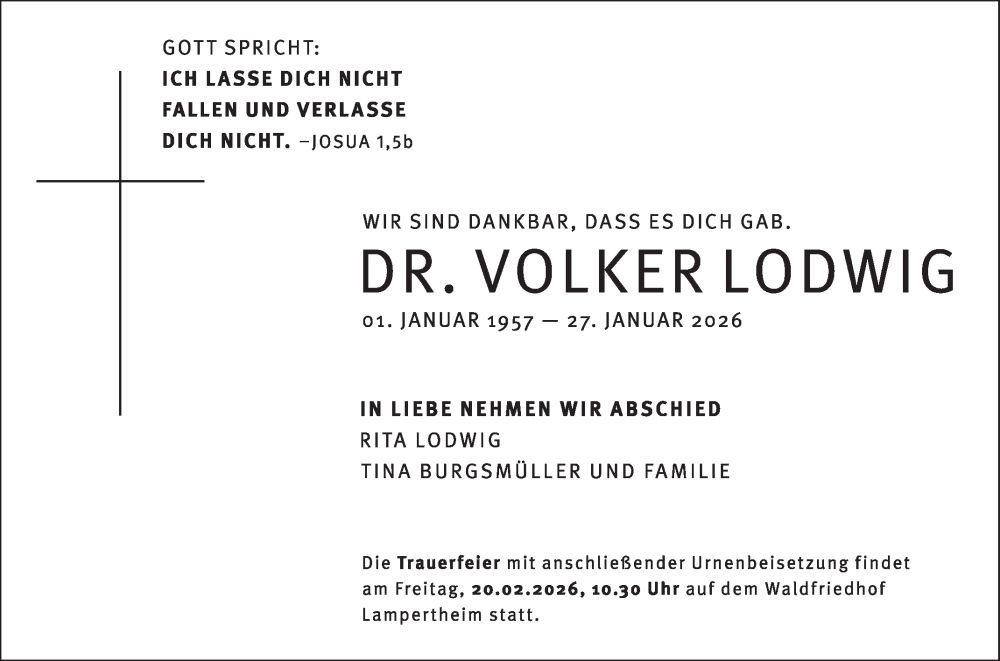  Traueranzeige für Volker Lodwig vom 07.02.2026 aus Mannheimer Morgen