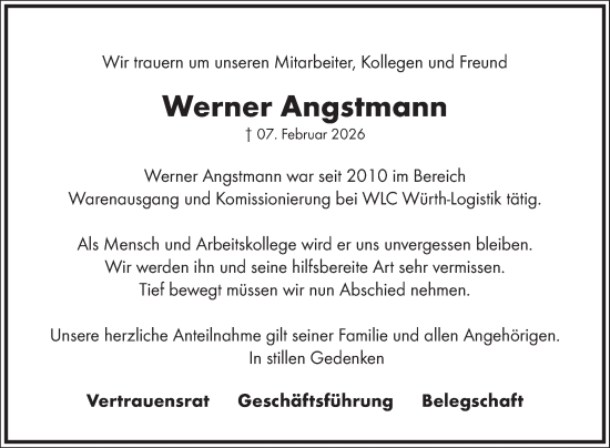 Traueranzeige von Werner Angstmann von Fränkische Nachrichten