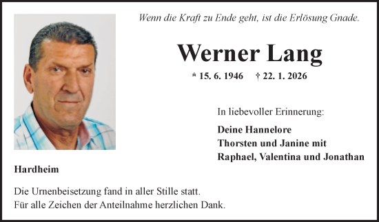 Traueranzeige von Werner Lang von Fränkische Nachrichten
