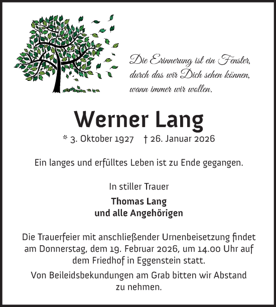 Traueranzeige von Werner Lang von Mannheimer Morgen