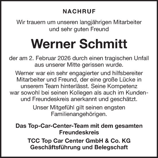 Traueranzeige von Werner Schmitt von Fränkische Nachrichten