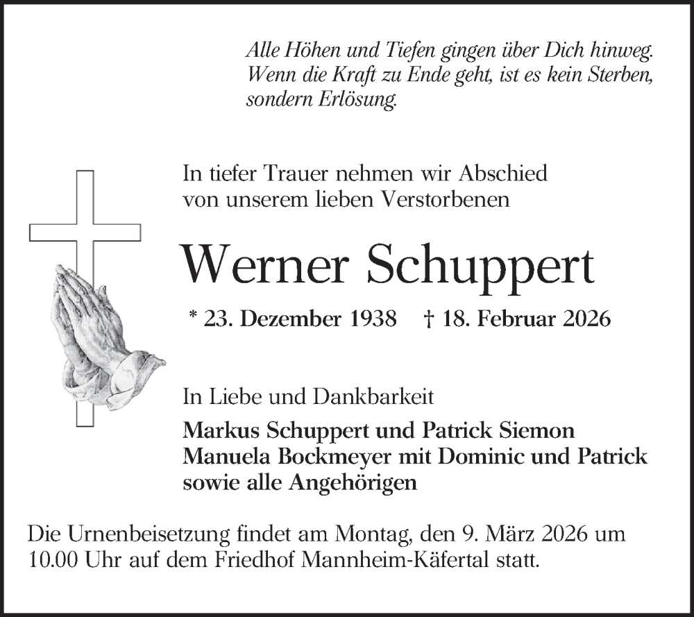  Traueranzeige für Werner Schuppert vom 28.02.2026 aus Mannheimer Morgen